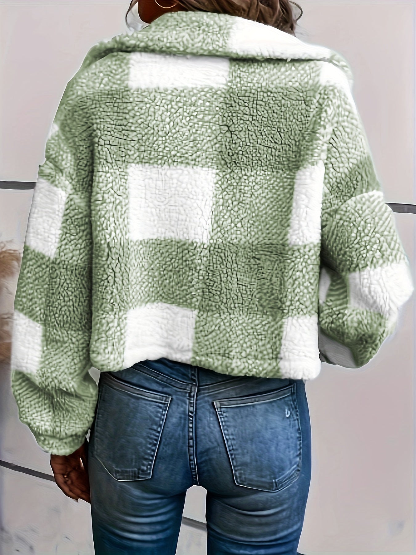 Kurtka teddy w kratkę z zapięciem na guziki - Clara-Zielony-XS-Trend Polska