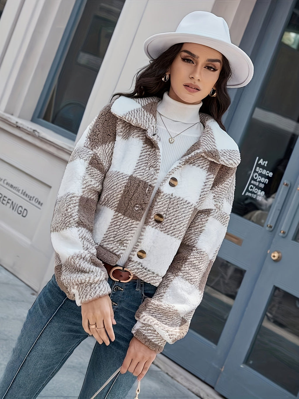 Kurtka teddy w kratkę z zapięciem na guziki - Clara-Zielony-XS-Trend Polska
