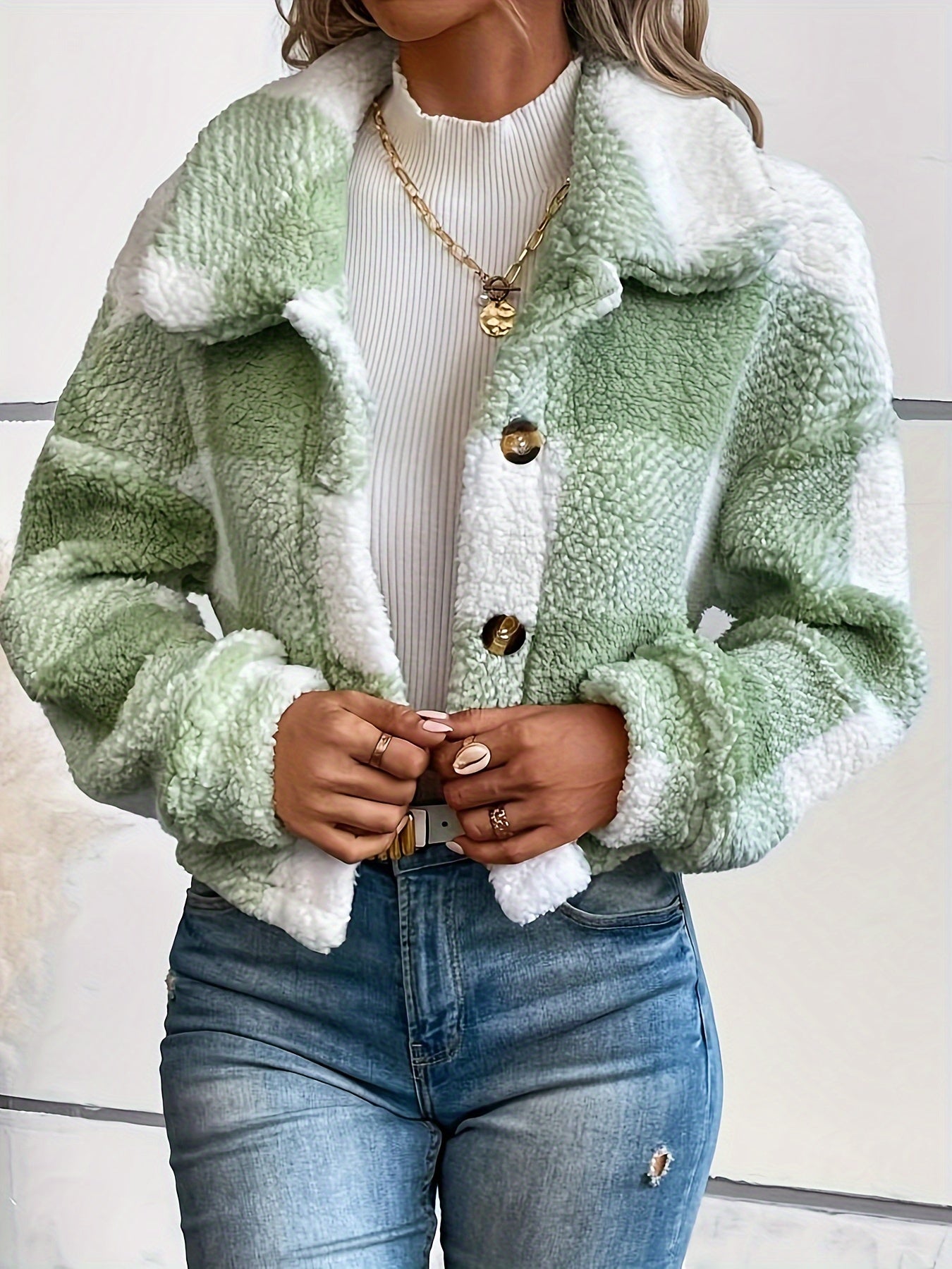 Kurtka teddy w kratkę z zapięciem na guziki - Clara-Zielony-XS-Trend Polska