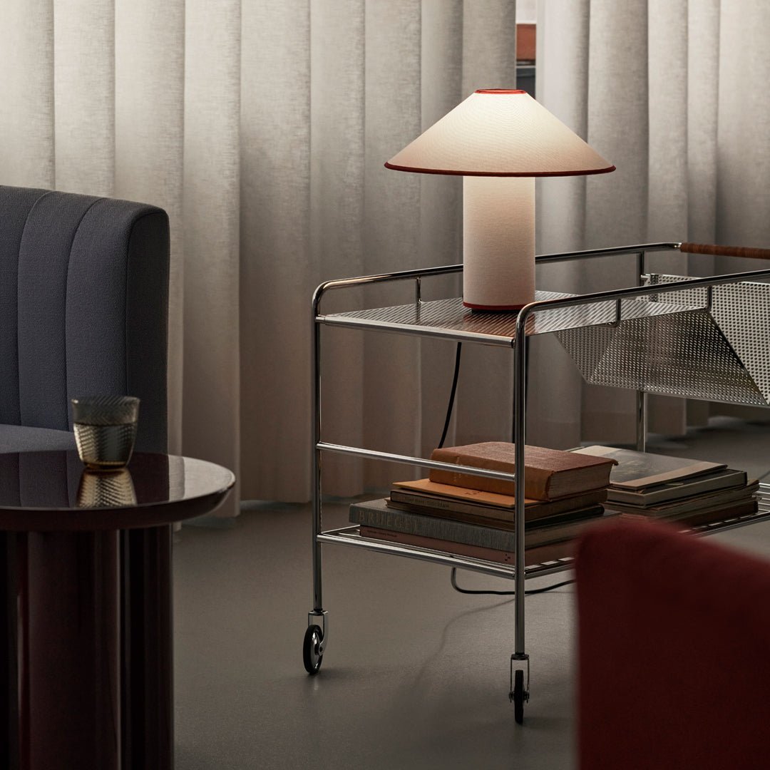 Lampa stołowa z tkaninowym kloszem – Lunara-Czerwony + Biały-Trend Polska