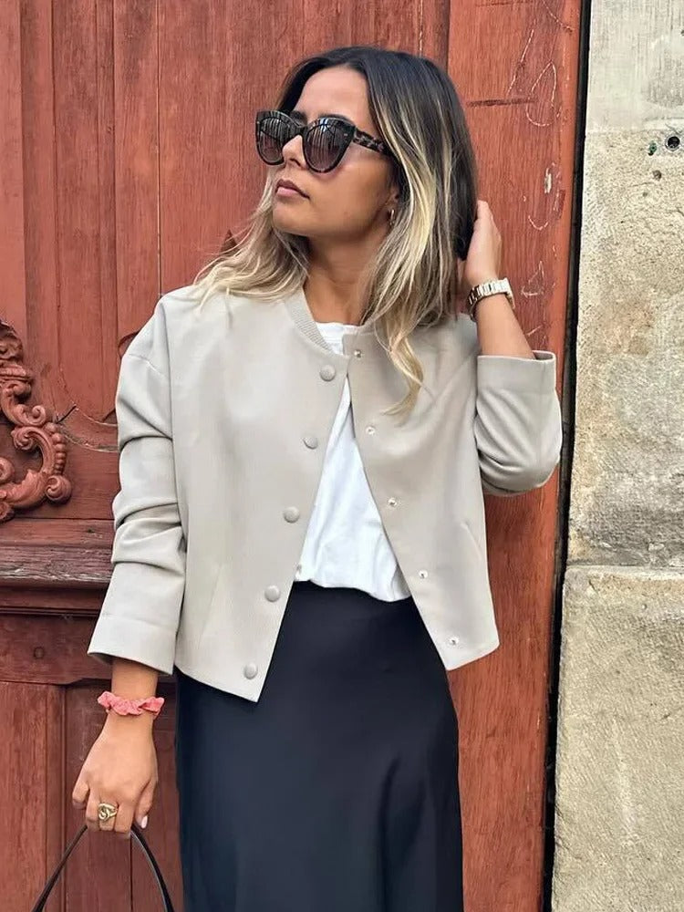 Lekka damska bomberka na lato – Casual Chic z stójką-Beżowy-S-Trend Polska
