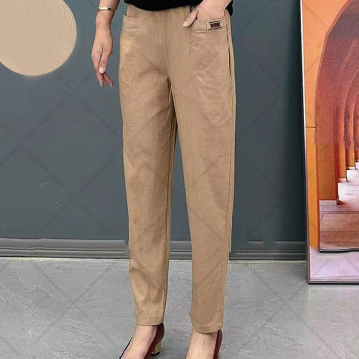 Lekka letnia spodnia z bawełny z elastycznym pasem – Linnea-Khaki-M-Trend Polska