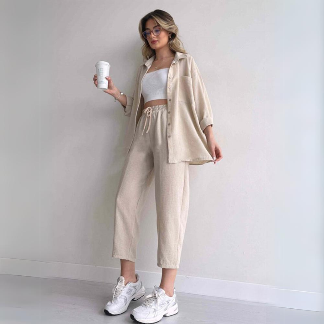 Lekki damski zestaw lniany – Camille-Beżowy-S-Trend Polska