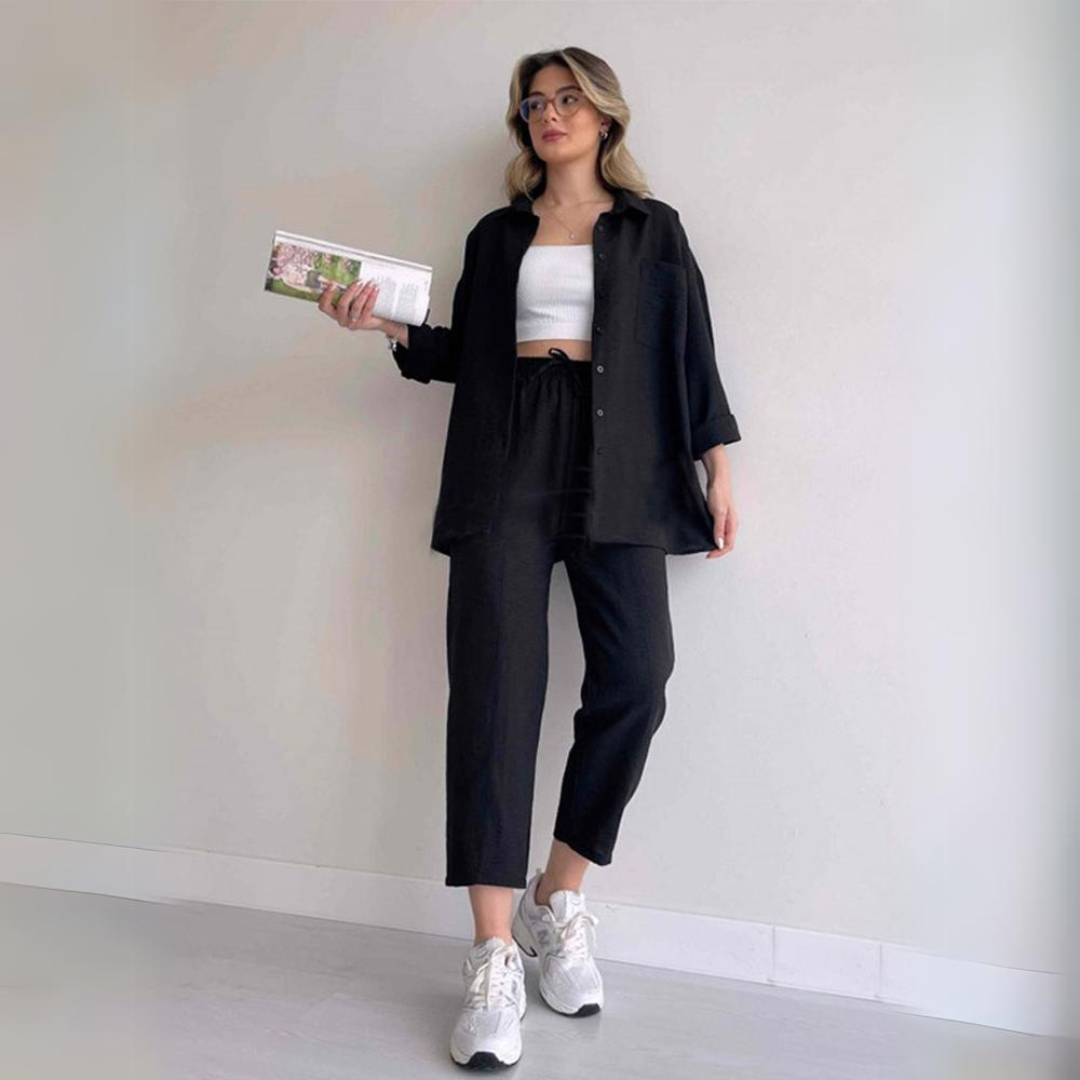 Lekki damski zestaw lniany – Camille-Czarny-S-Trend Polska