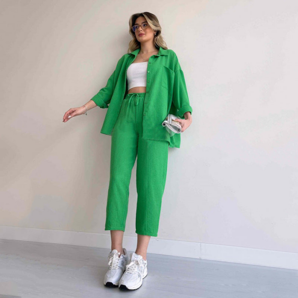 Lekki damski zestaw lniany – Camille-Zielony-S-Trend Polska