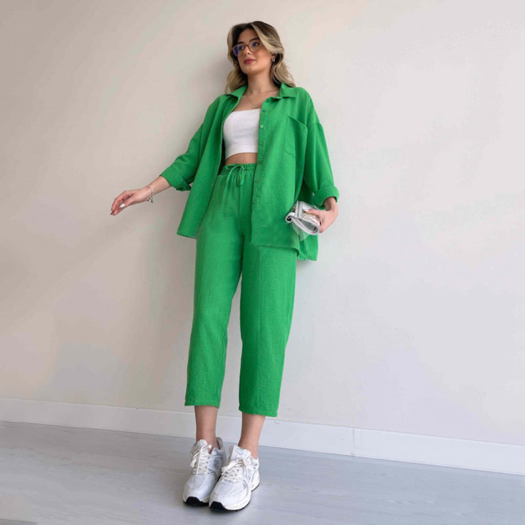 Lekki damski zestaw lniany – Camille-Zielony-S-Trend Polska
