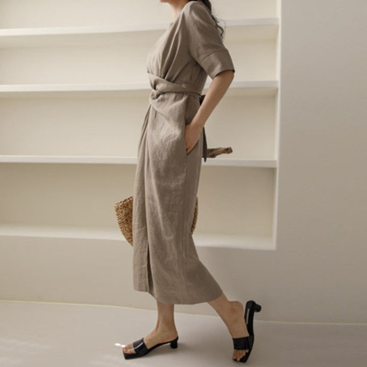 Lekki khaki letnia sukienka z regulowanym pasem – Isalie-XS-Trend Polska