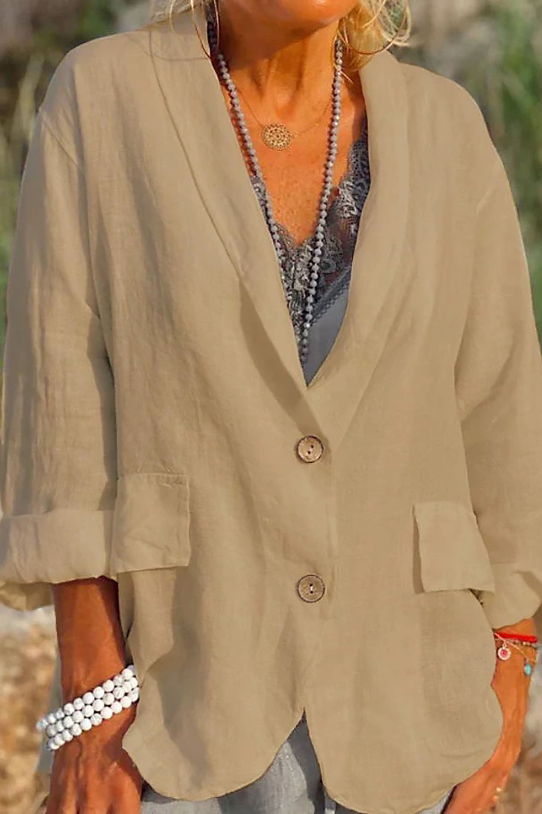 Lekki lniany blezer damski z guzikami – Clara-Khaki-S-Trend Polska