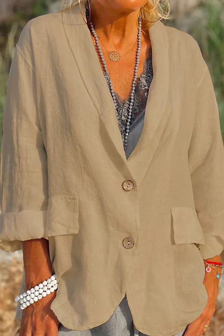 Lekki lniany blezer damski z guzikami – Clara-Khaki-S-Trend Polska