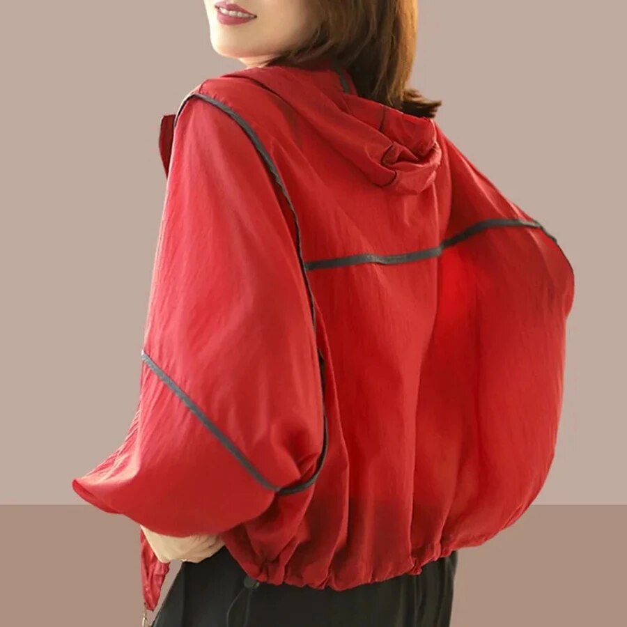 Lekkie Damska Letnia Bluza z Kapturem w Oversized Rozmiarze - Zoë-Czerwony-S-Trend Polska