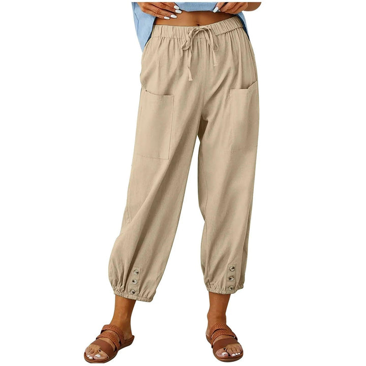 Lekkie letnie spodnie lniane z troczkiem i szerokim krojem – Mira-Khaki-S-Trend Polska