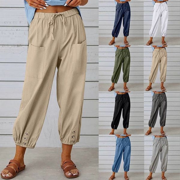 Lekkie letnie spodnie lniane z troczkiem i szerokim krojem – Mira-Khaki-S-Trend Polska