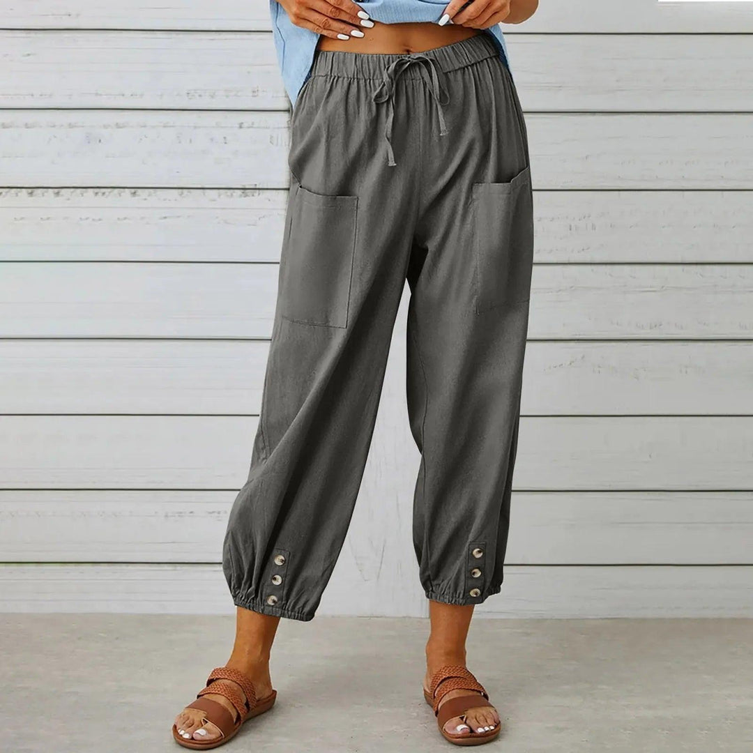 Lekkie letnie spodnie lniane z troczkiem i szerokim krojem – Mira-Khaki-S-Trend Polska