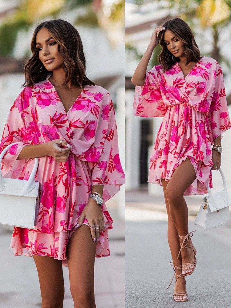 Lekkie Mini Sukienka - Elara-Pomarańczowy/Różowy-S-Trend Polska