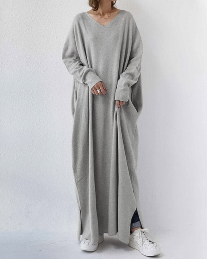 Letnia maxi sukienka z mieszanki bawełny i lnu – Sorella-Szary-S-Trend Polska