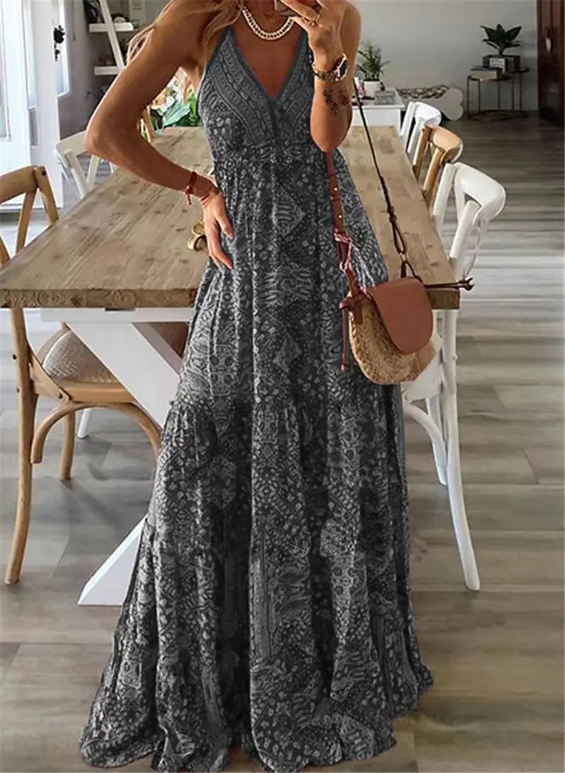 Letnie boho maxi sukienka w kwiaty – Isabella-Szary-S-Trend Polska