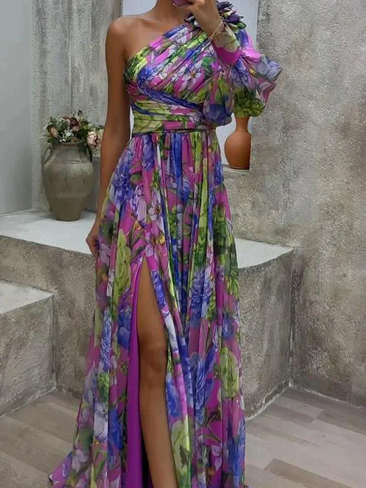 Lila Maxi Sukienka z Wzorem i Rozcięciem po Boku, z Rękawem - Viola-S-Trend Polska