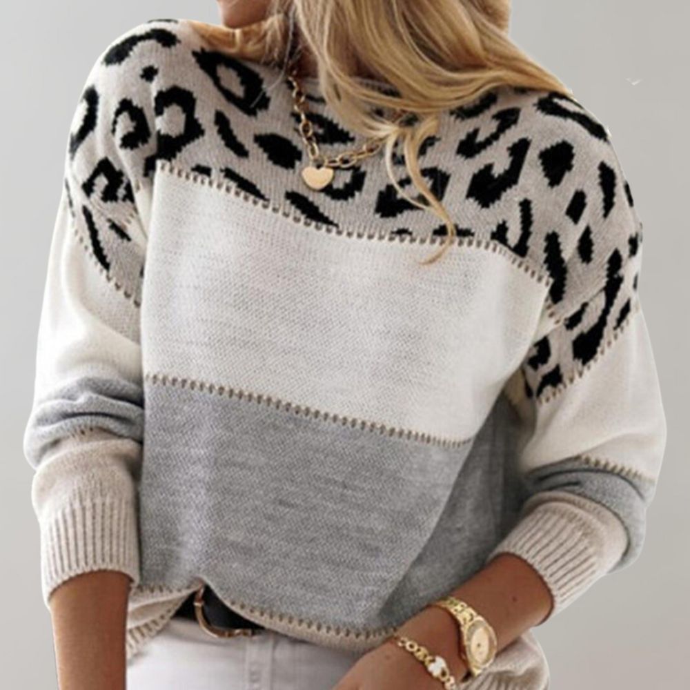 Lilly - Ciepły sweter w panterkę dla kobiet-Beżowy-S-Trend Polska