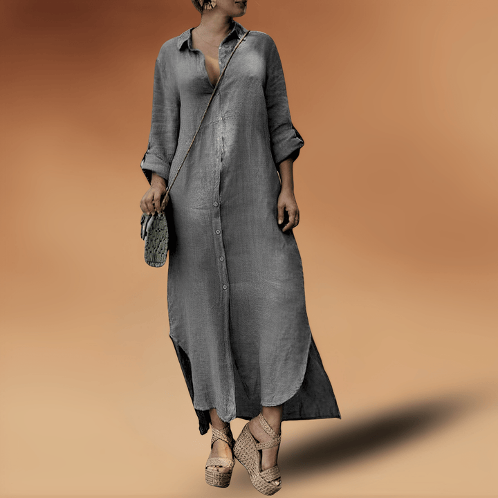 Linen Letnia Sukienka - Maya-Biały-Szary-XS-Trend Polska