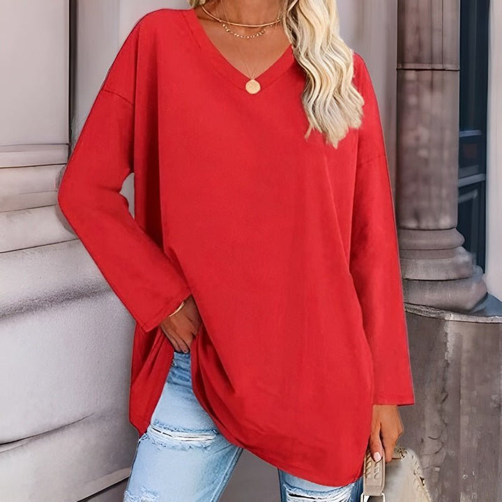 Longsleeve Damsweater met V-hals - Lucinda-Czerwony-S-Trend Polska