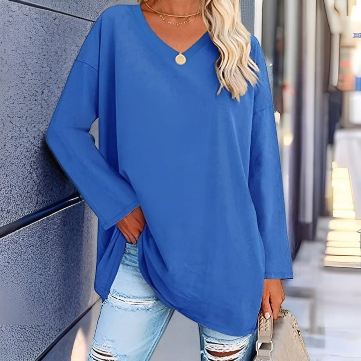Longsleeve Damsweater met V-hals - Lucinda-Niebieski-S-Trend Polska