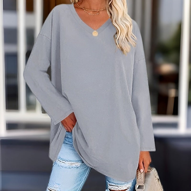 Longsleeve Damsweater met V-hals - Lucinda-Szary-S-Trend Polska