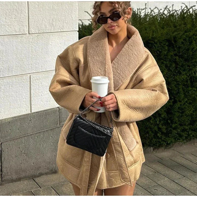 Luksusowa zimowa kurtka ze skóry i futra - Mirabelle-Khaki-S-Trend Polska