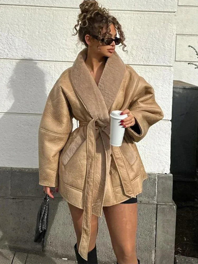 Luksusowa zimowa kurtka ze skóry i futra - Mirabelle-Khaki-S-Trend Polska