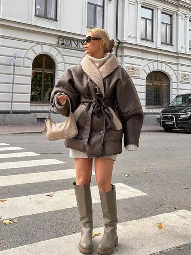 Luksusowa zimowa kurtka ze skóry i futra - Mirabelle-Khaki-S-Trend Polska