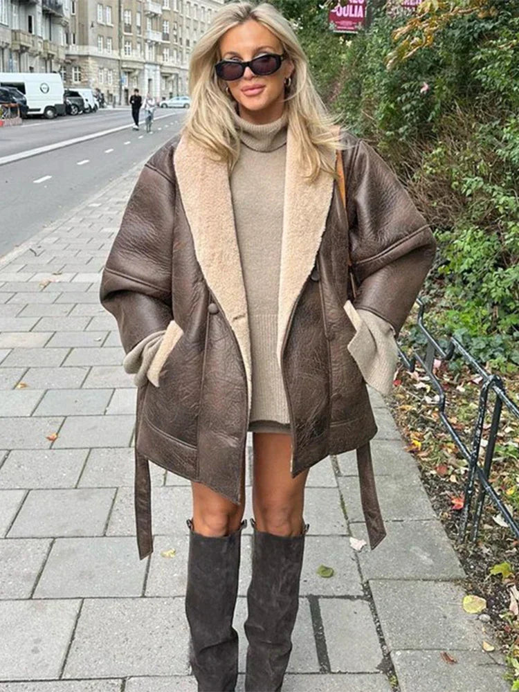 Luksusowa zimowa kurtka ze skóry i futra - Mirabelle-Khaki-S-Trend Polska