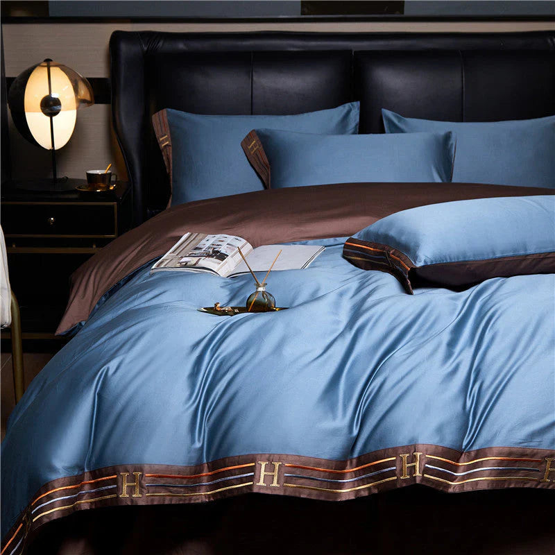 Luksusowe satynowe pościele 4-elementowe - OpulenceSleep-Niebieski-1,5m 200x230cm-Trend Polska