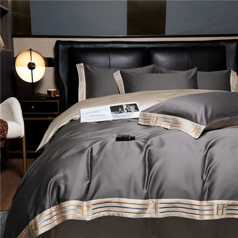 Luksusowe satynowe pościele 4-elementowe - OpulenceSleep-Szary-1,5m 200x230cm-Trend Polska