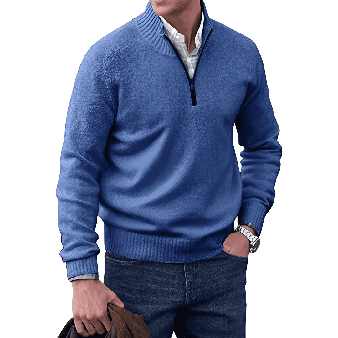 Luksusowy sweter męski z kaszmiru z zamkiem - Lucas-Niebieski-XS-Trend Polska