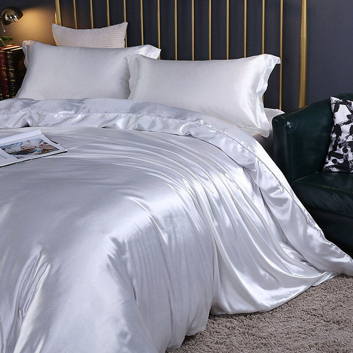 Luksusowy zestaw pościeli z jedwabiu/satyny (4 części) - SilkSleep-150 cm prześcieradło + Kołdra 200x230 cm + 2x poszewka na poduszki-Biały-Trend Polska