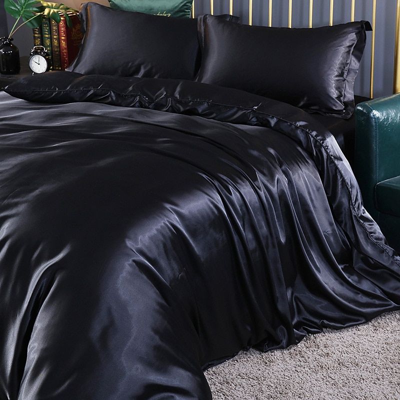 Luksusowy zestaw pościeli z jedwabiu/satyny (4 części) - SilkSleep-150 cm prześcieradło + Kołdra 200x230 cm + 2x poszewka na poduszki-Czarny-Trend Polska