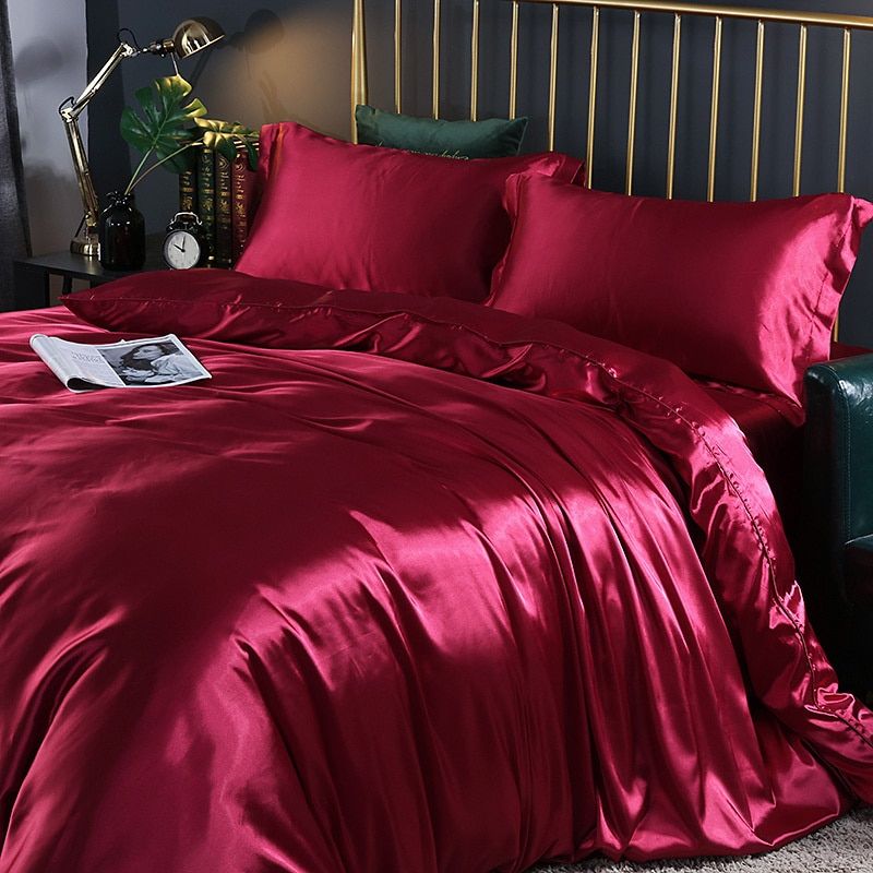Luksusowy zestaw pościeli z jedwabiu/satyny (4 części) - SilkSleep-150 cm prześcieradło + Kołdra 200x230 cm + 2x poszewka na poduszki-Czerwony-Trend Polska