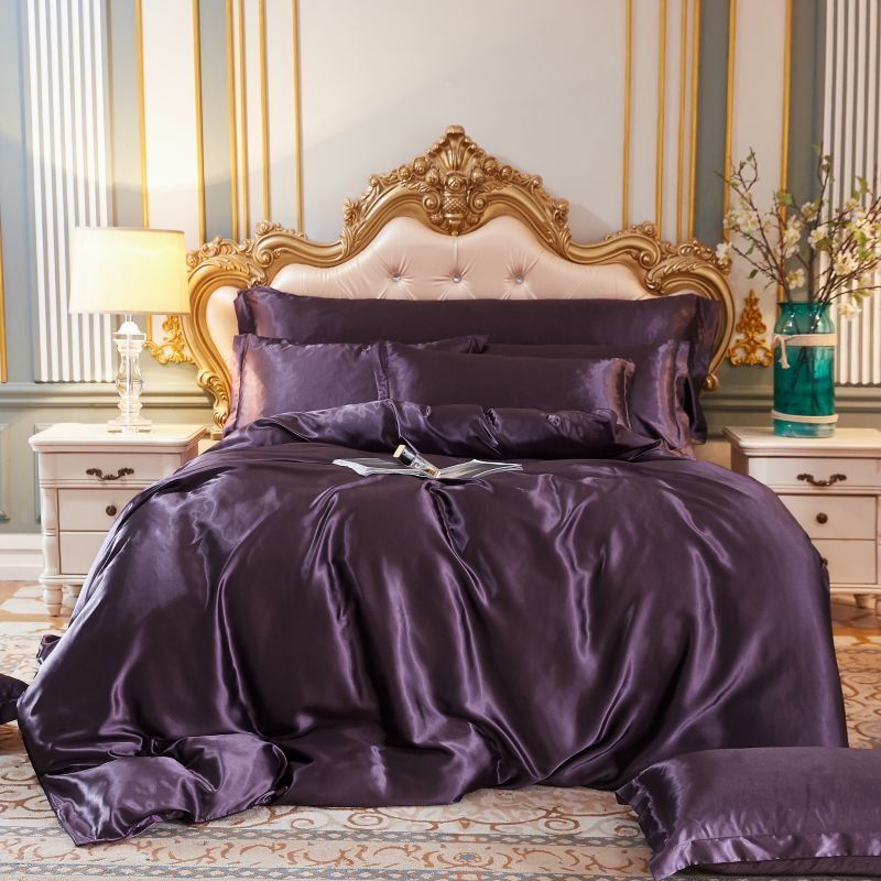 Luksusowy zestaw pościeli z jedwabiu/satyny (4 części) - SilkSleep-150 cm prześcieradło + Kołdra 200x230 cm + 2x poszewka na poduszki-Fioletowy-Trend Polska