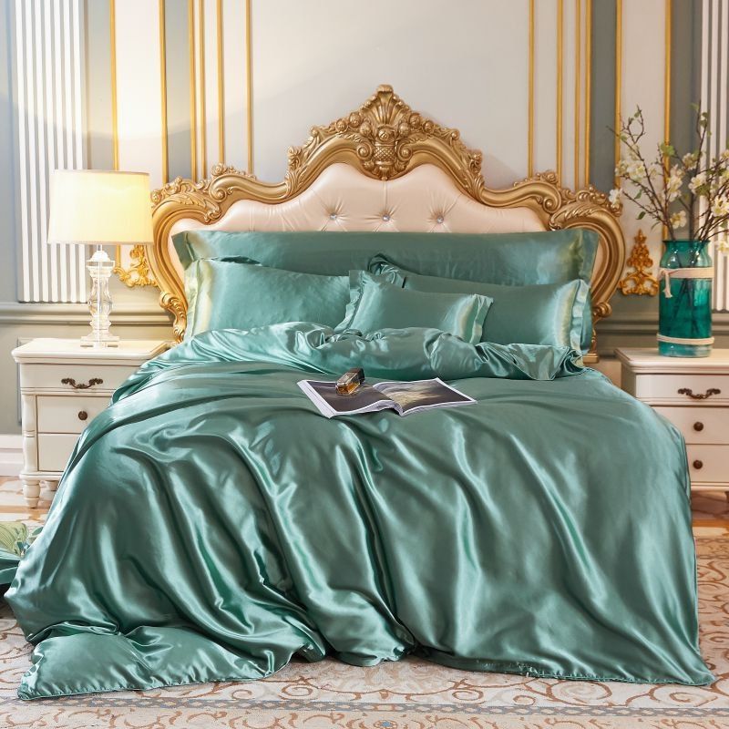 Luksusowy zestaw pościeli z jedwabiu/satyny (4 części) - SilkSleep-150 cm prześcieradło + Kołdra 200x230 cm + 2x poszewka na poduszki-Mięta-Trend Polska