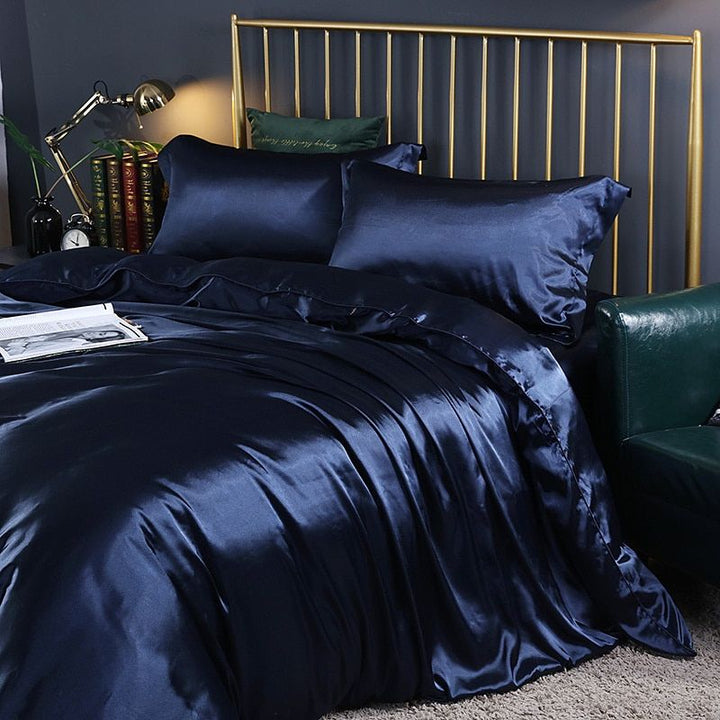 Luksusowy zestaw pościeli z jedwabiu/satyny (4 części) - SilkSleep-150 cm prześcieradło + Kołdra 200x230 cm + 2x poszewka na poduszki-rólewski błękit-Trend Polska