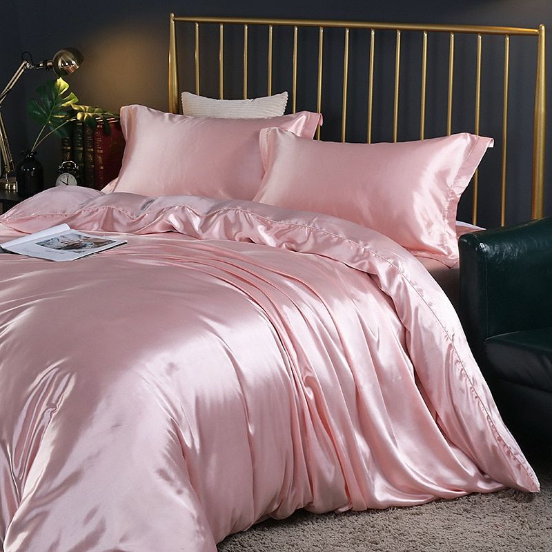 Luksusowy zestaw pościeli z jedwabiu/satyny (4 części) - SilkSleep-150 cm prześcieradło + Kołdra 200x230 cm + 2x poszewka na poduszki-Różowy-Trend Polska
