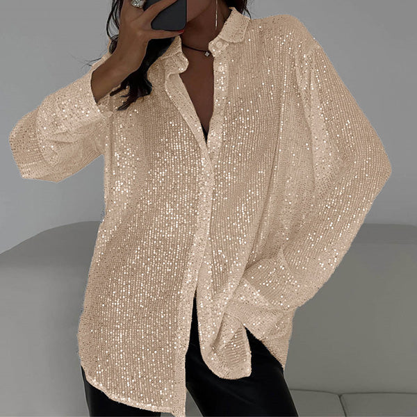 Luźna Bluzka z Błyszczącymi cekinami – Celeste-Champagne-S-Trend Polska