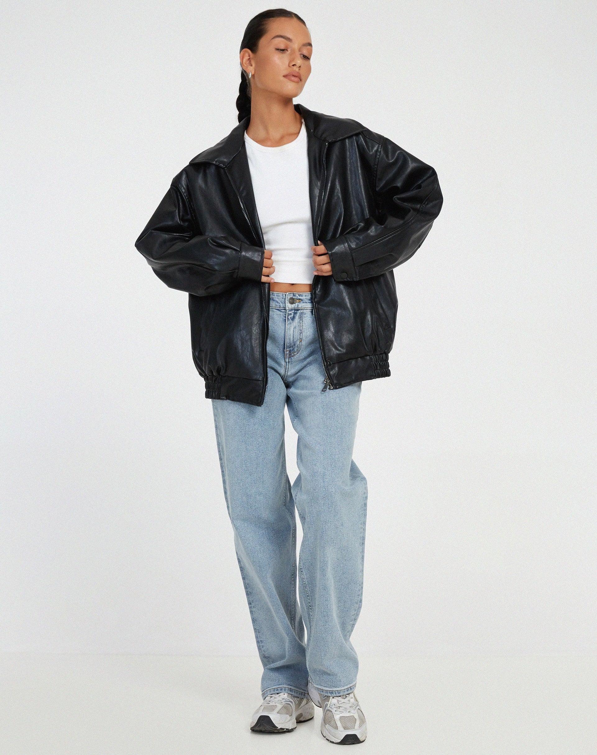 Luźna oversize damska kurtka skórzana – Yara-Czarny-XS-Trend Polska
