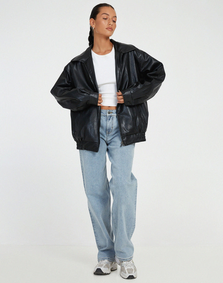 Luźna oversize damska kurtka skórzana – Yara-Czarny-XS-Trend Polska