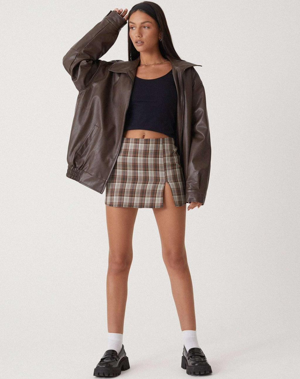 Luźna oversize damska kurtka skórzana – Yara-Brązowy-XS-Trend Polska