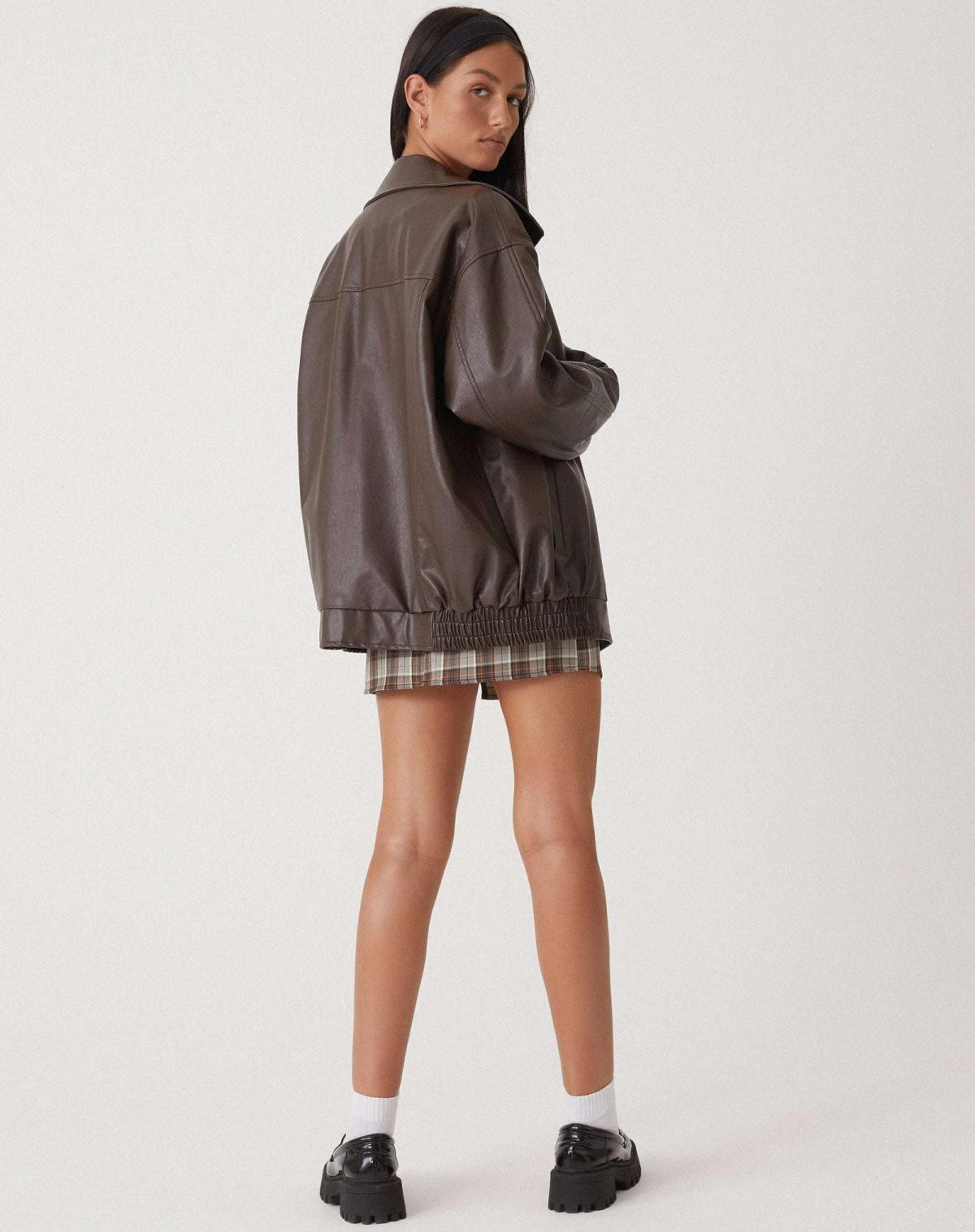 Luźna oversize damska kurtka skórzana – Yara-Brązowy-XS-Trend Polska