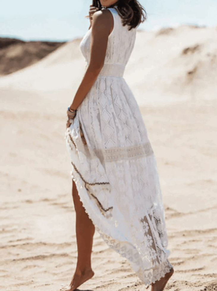 Luźna sukienka maxi w stylu boho z eleganckimi detalami – Solange-Beżowy-S-Trend Polska