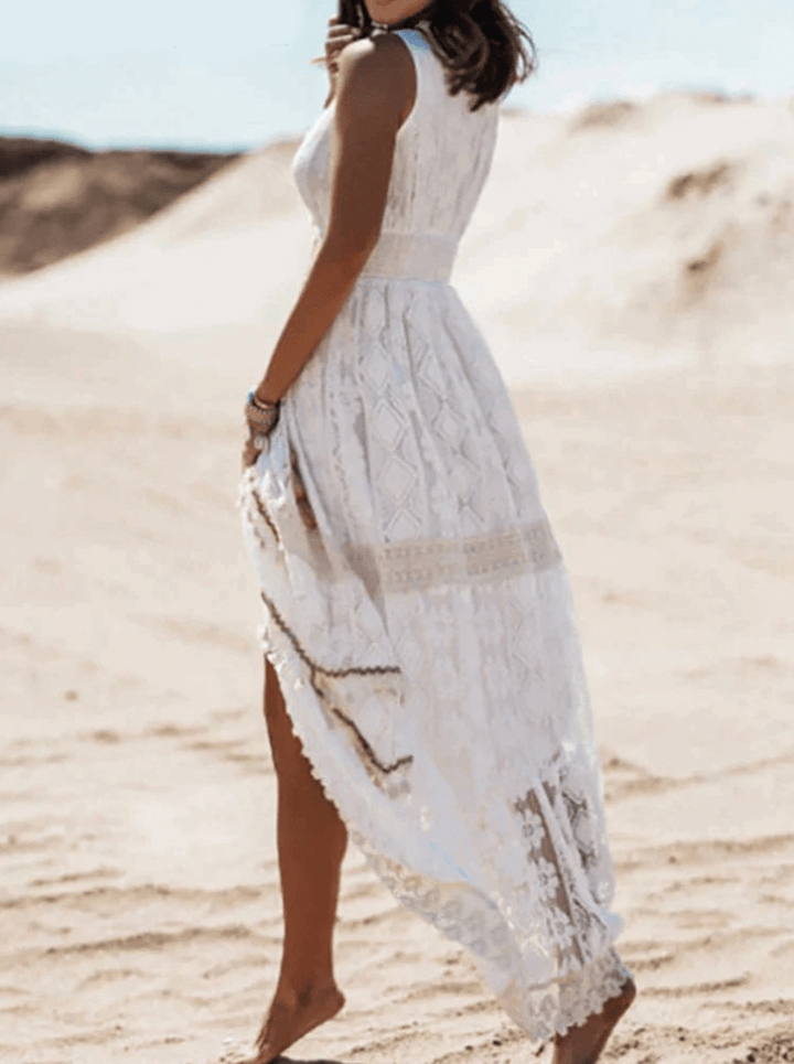 Luźna sukienka maxi w stylu boho z eleganckimi detalami – Solange-Beżowy-S-Trend Polska