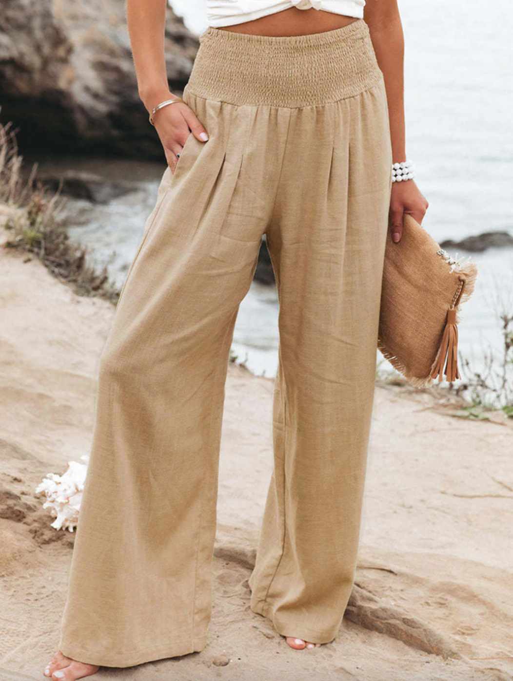 Luźne Spodnie - BreezeEase-Beżowy-32-34-Trend Polska