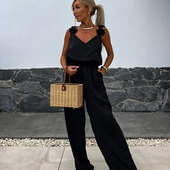 Luźny letni kombinezon z szerokimi nogawkami – Jasmin-Czarny-S-Trend Polska