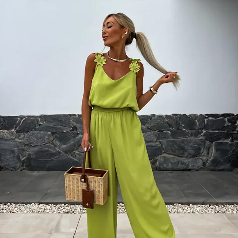 Luźny letni kombinezon z szerokimi nogawkami – Jasmin-Zielony-S-Trend Polska